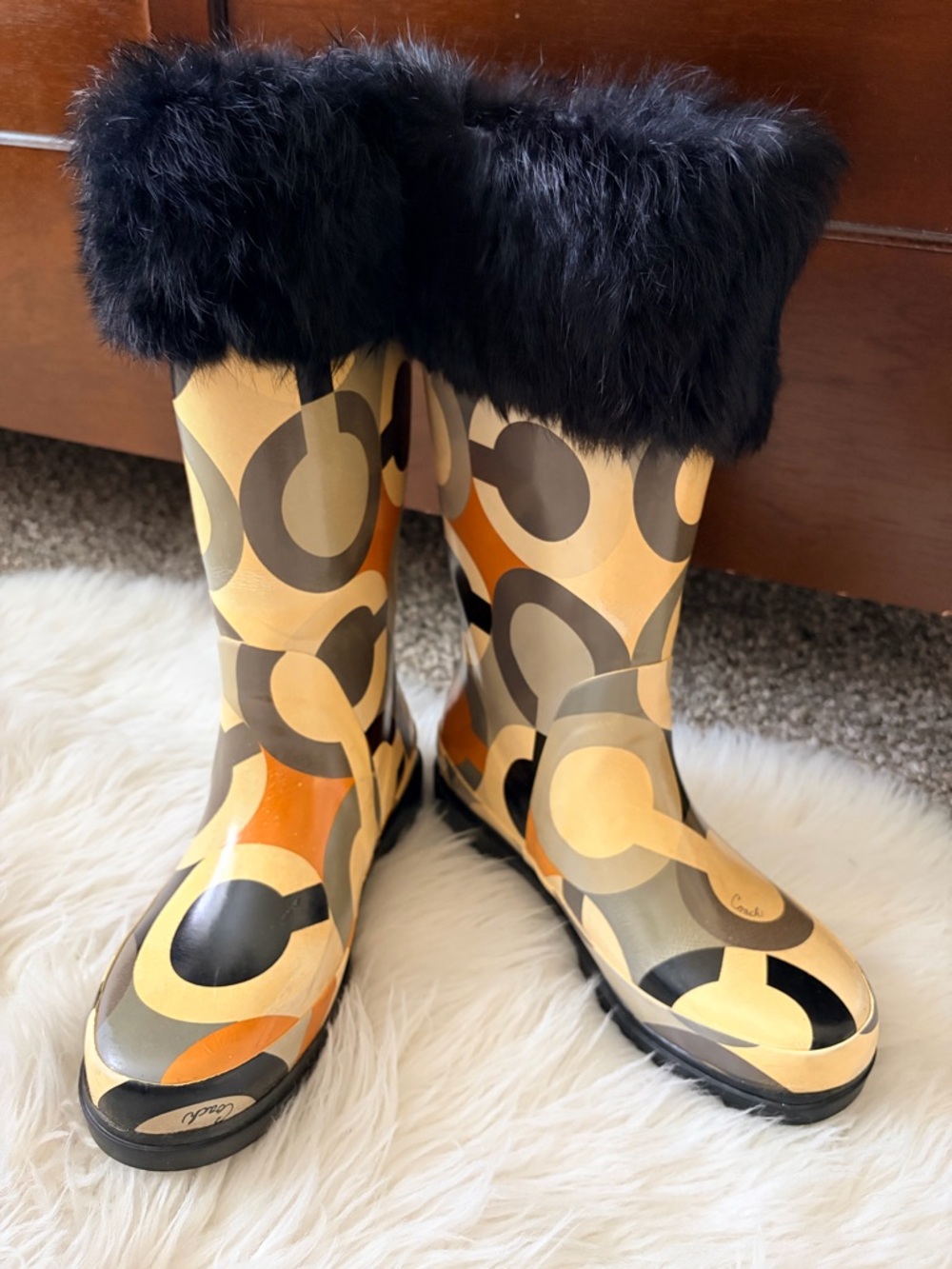 Coach Multicolor Patterned Rain Boots with Black Faux-Fur Cuff